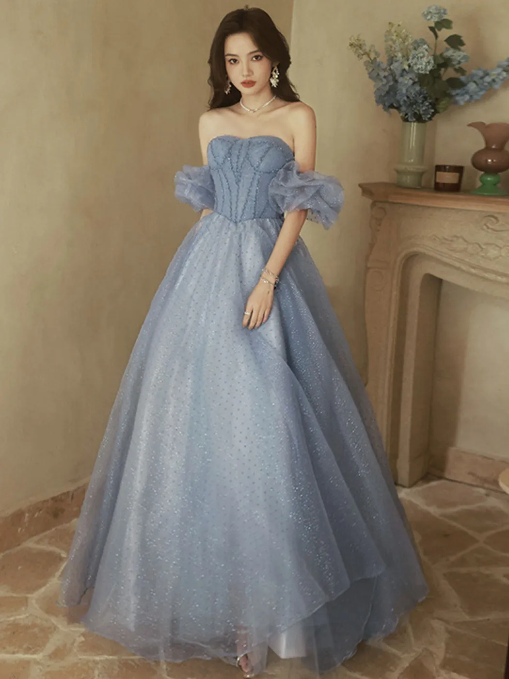 A-Line Sweetheart Neck Tulle Gray Blue Long Prom Dress, Gray Blue Formal Dress