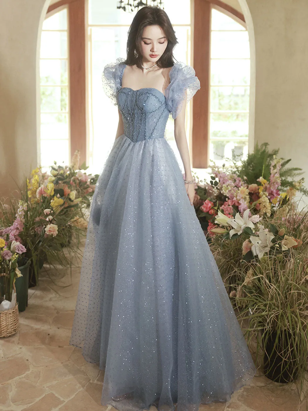 A-Line Sweetheart Neck Tulle Gray Blue Long Prom Dress, Gray Blue Formal Dress