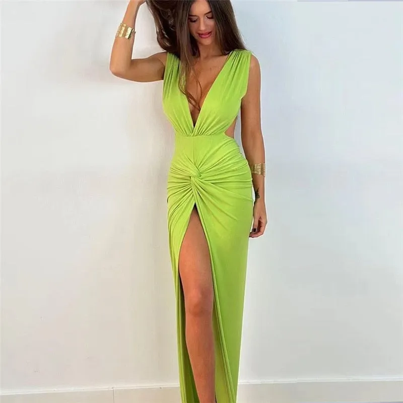 A&A Summer Ruched Backless V Slit Women Bodycon Maxi Dress