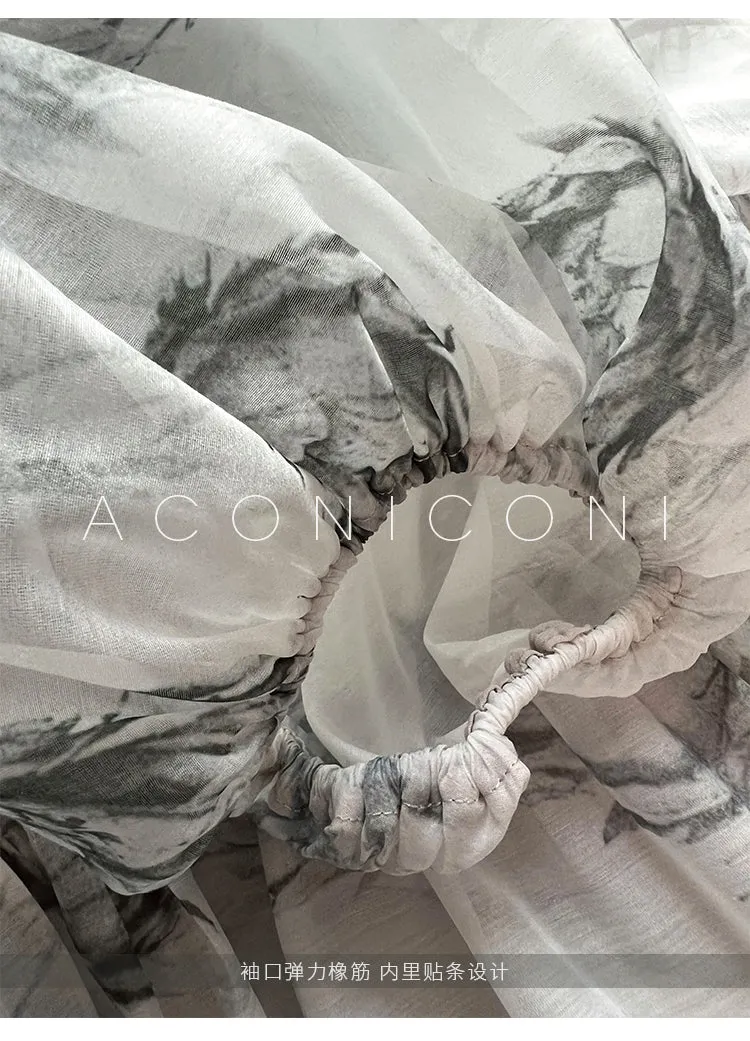 Aconiconi｜ high-end French ink print waist long dress - Frost