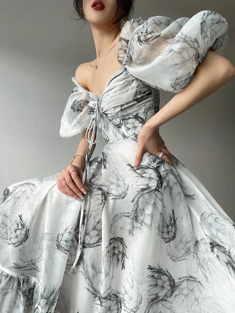 Aconiconi｜ high-end French ink print waist long dress - Frost