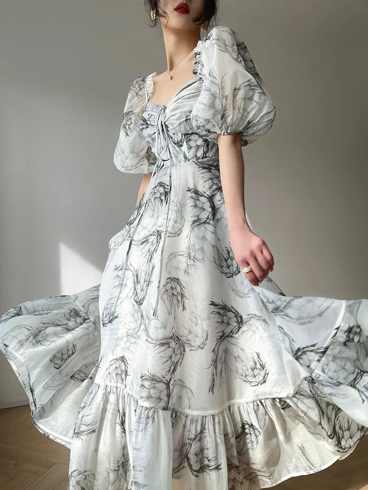 Aconiconi｜ high-end French ink print waist long dress - Frost