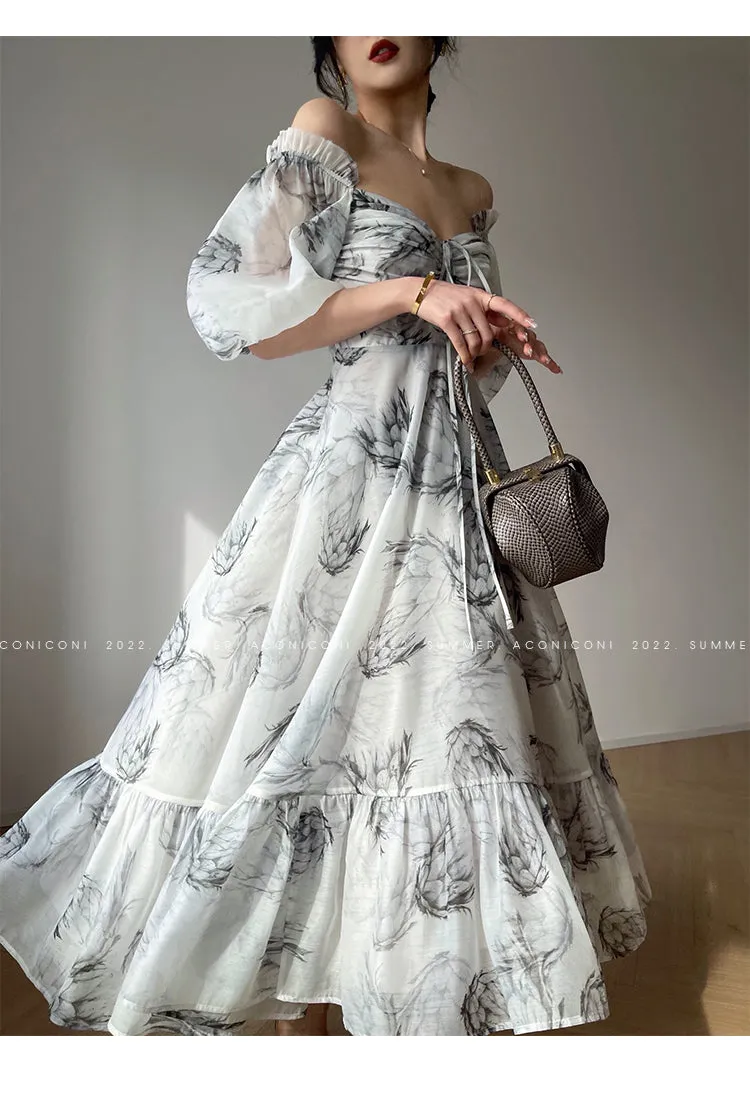 Aconiconi｜ high-end French ink print waist long dress - Frost