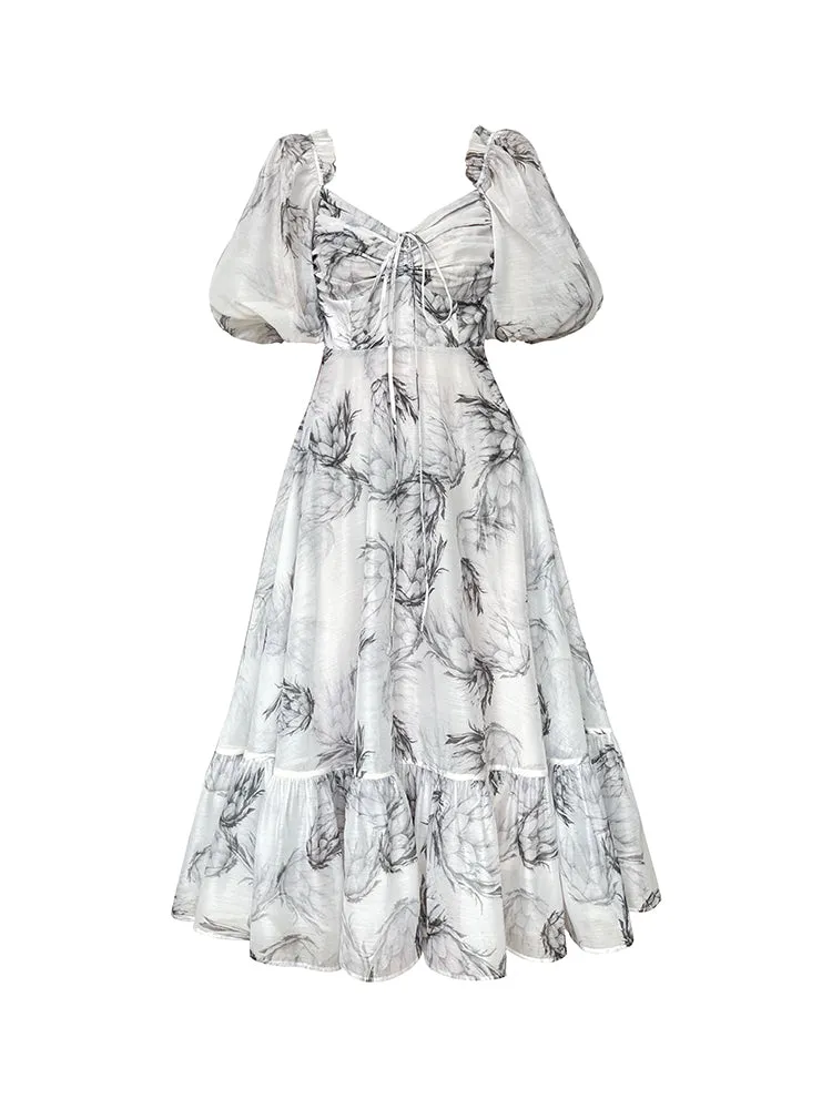 Aconiconi｜ high-end French ink print waist long dress - Frost