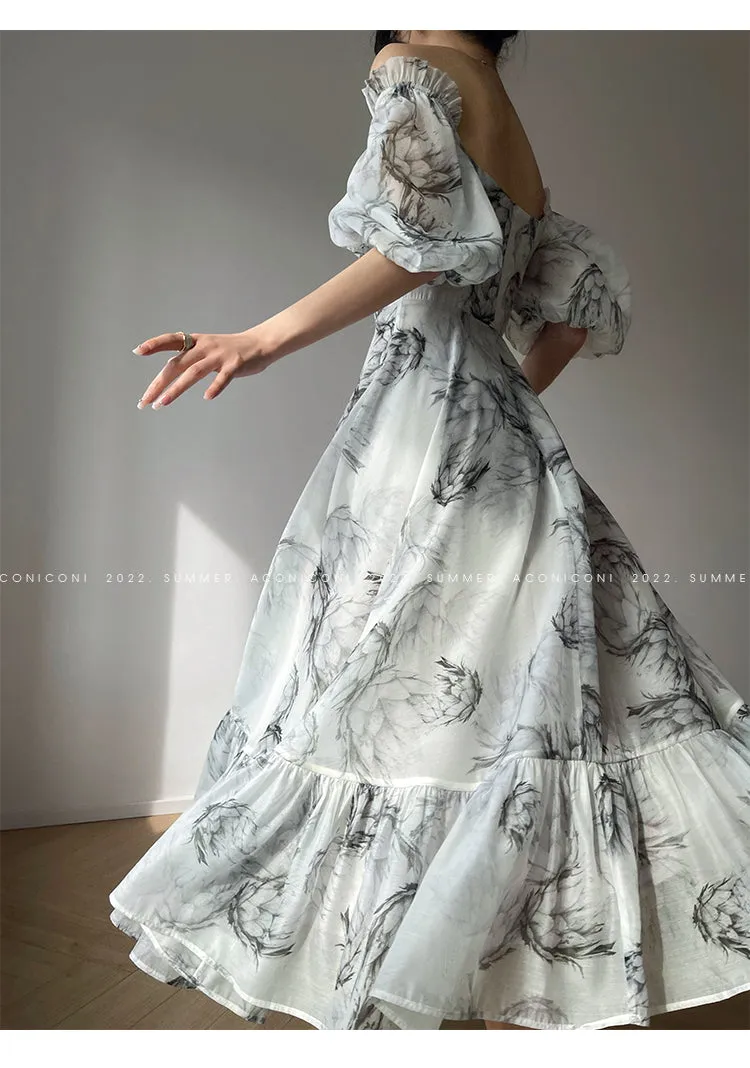 Aconiconi｜ high-end French ink print waist long dress - Frost