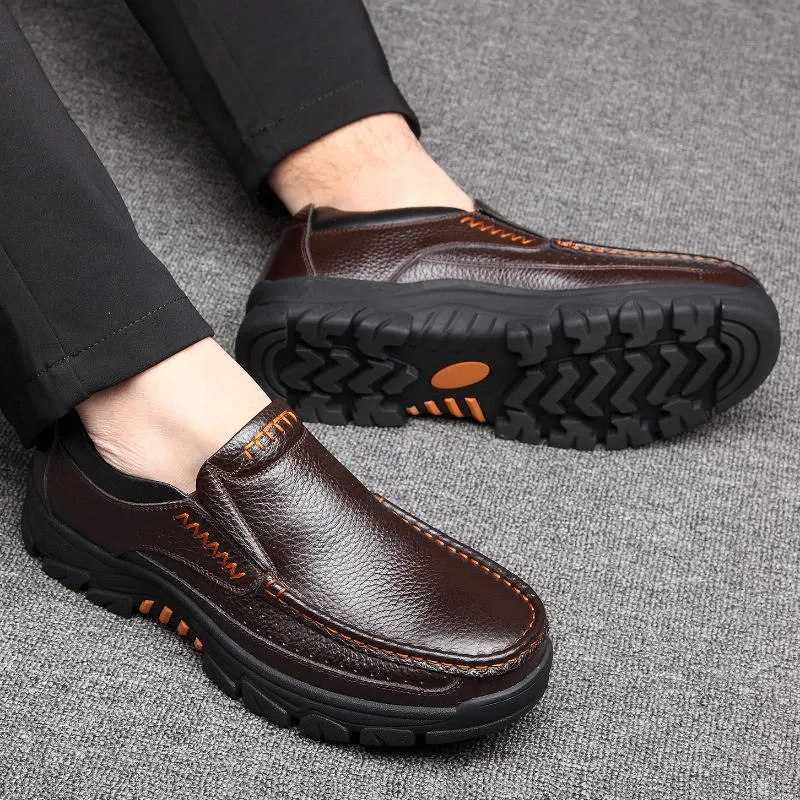 Aliders Men's Cow Leather Waterproof Comfy Non Slip Soft Slip On Casual Shoes