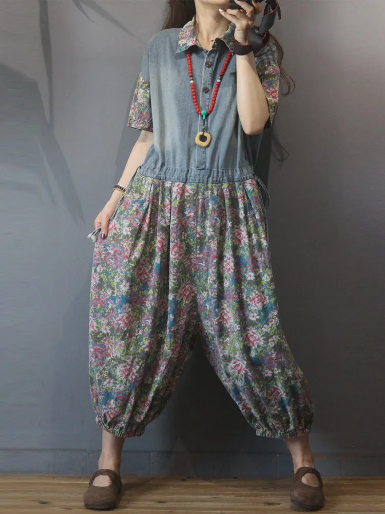 Always Forever Floral Print Denim Overall Jumpsuit