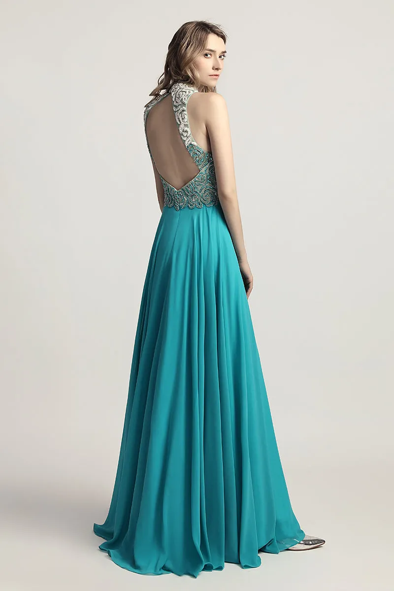 Aquamarine Chiffon Long Evening Dress Beading Top Prom Dress