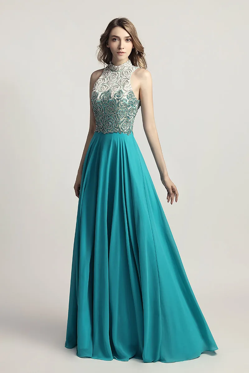 Aquamarine Chiffon Long Evening Dress Beading Top Prom Dress