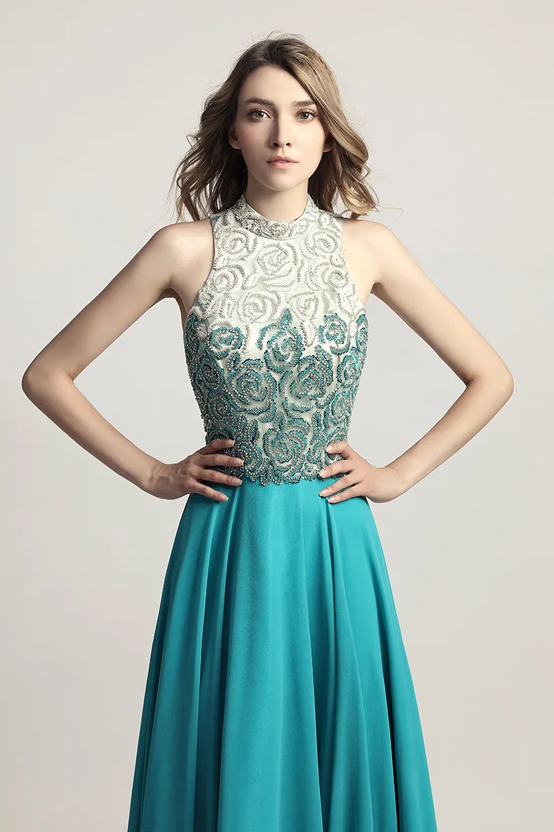 Aquamarine Chiffon Long Evening Dress Beading Top Prom Dress