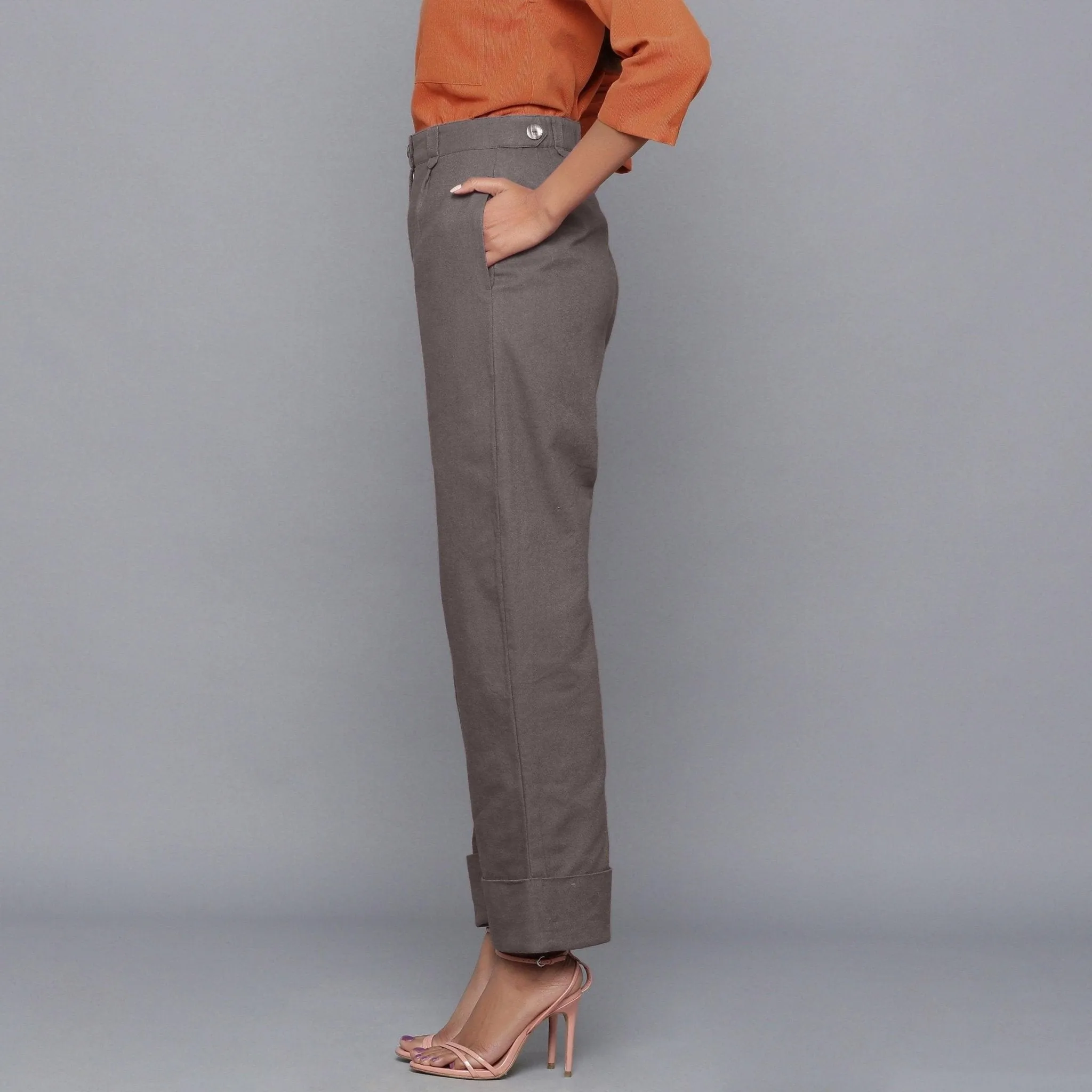 Ash Grey Warm Cotton Flannel High-Rise Rolled-up Pant