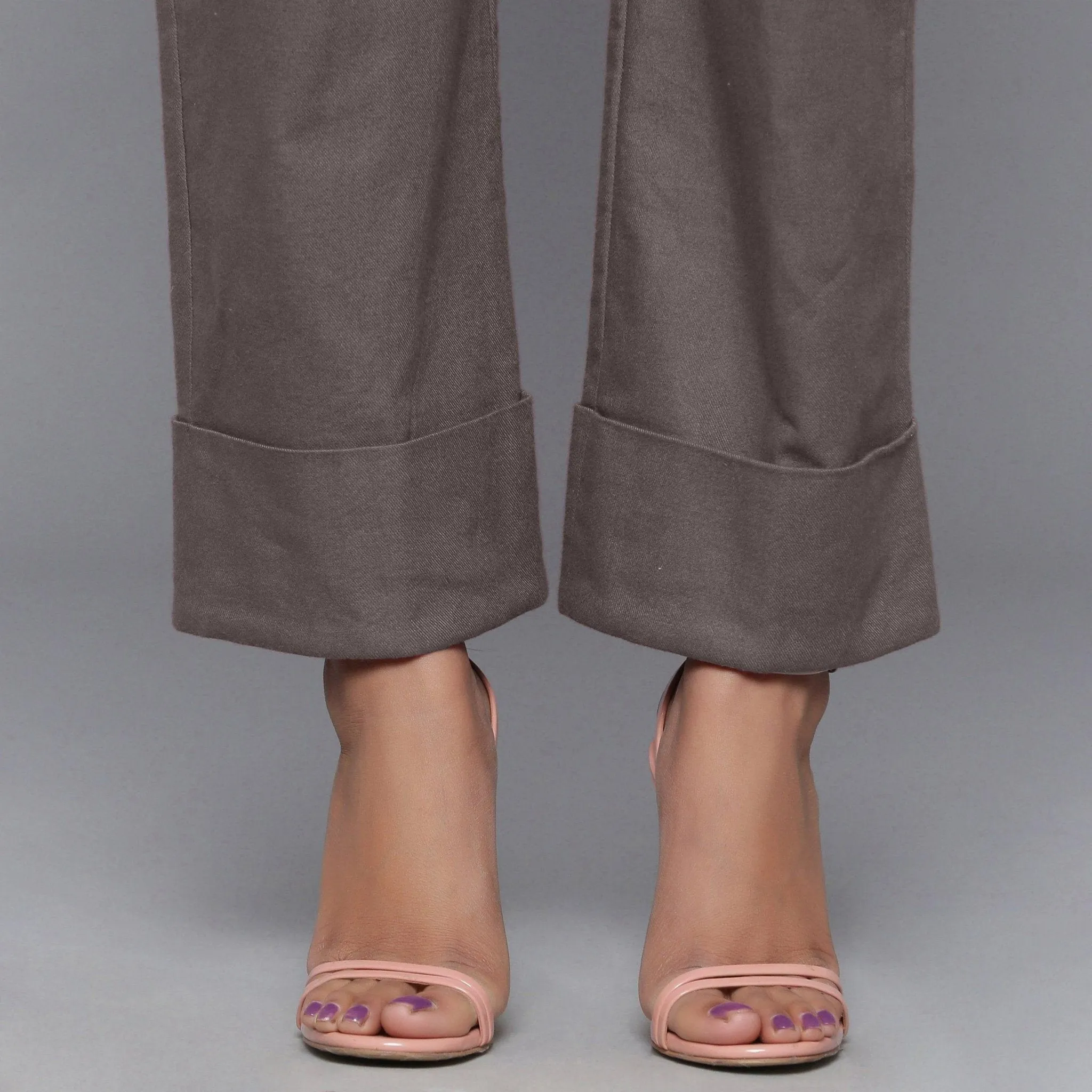 Ash Grey Warm Cotton Flannel High-Rise Rolled-up Pant