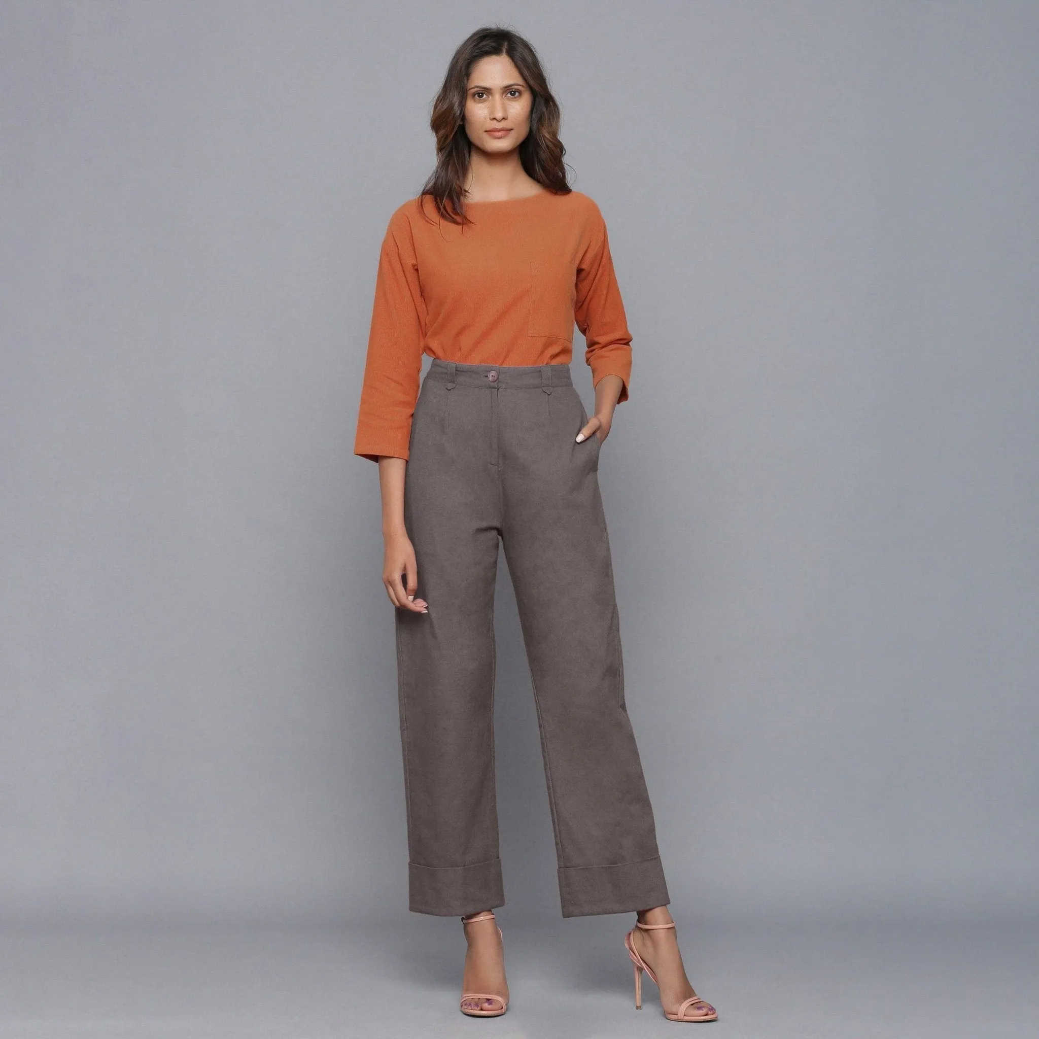 Ash Grey Warm Cotton Flannel High-Rise Rolled-up Pant