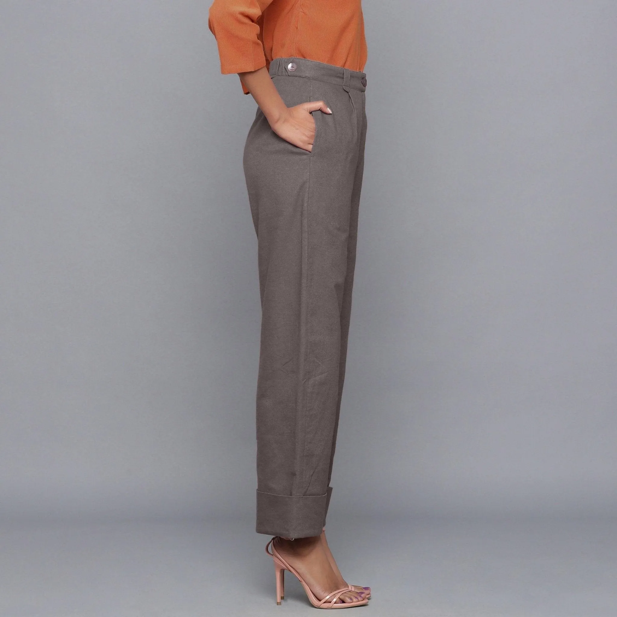 Ash Grey Warm Cotton Flannel High-Rise Rolled-up Pant