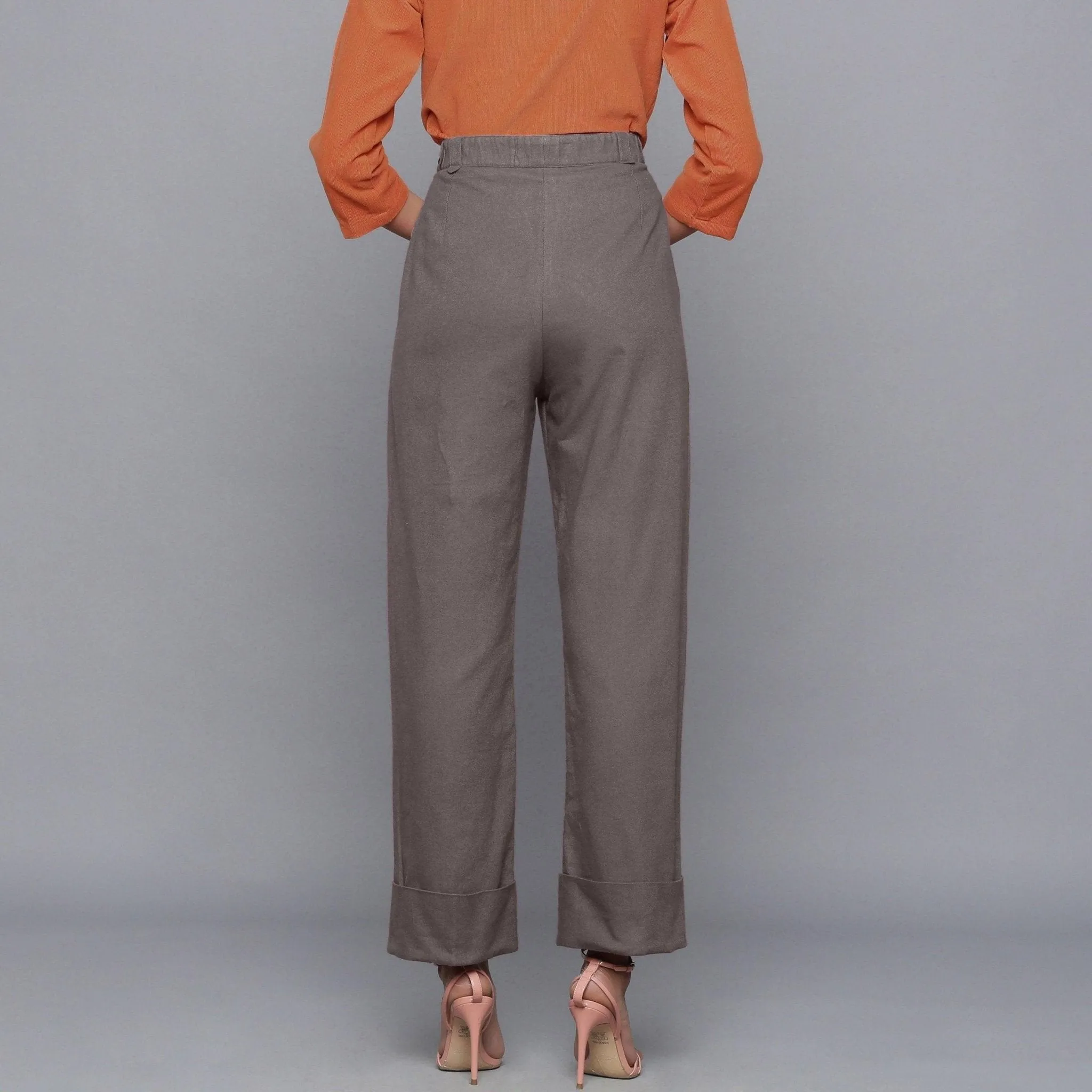 Ash Grey Warm Cotton Flannel High-Rise Rolled-up Pant