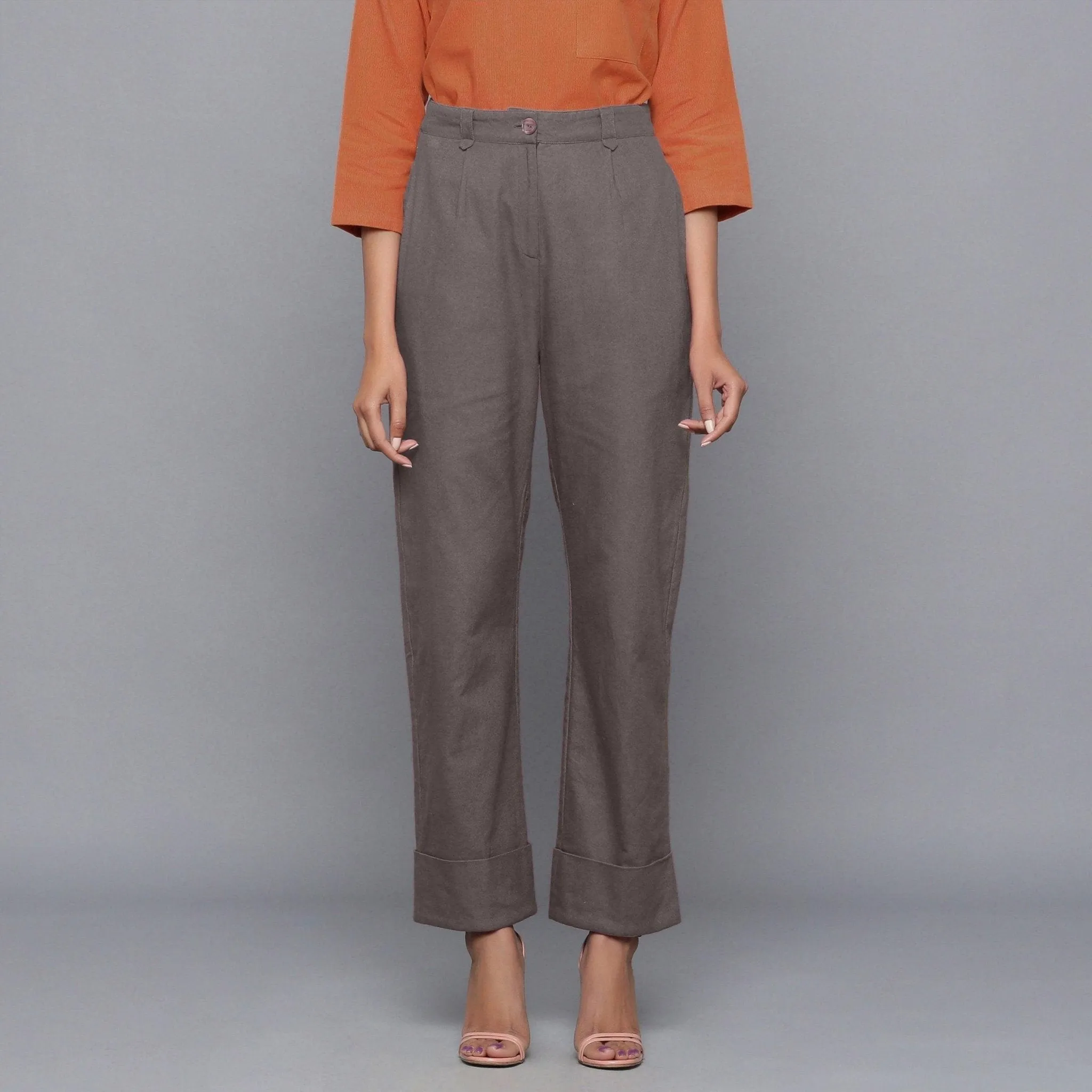 Ash Grey Warm Cotton Flannel High-Rise Rolled-up Pant