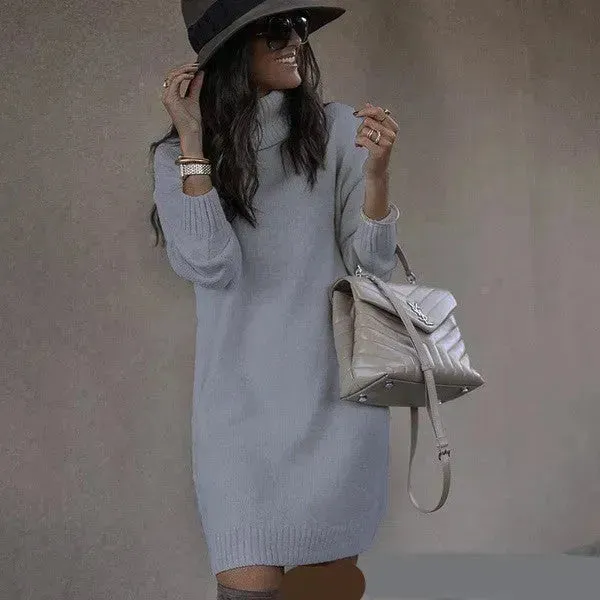 Autumn Winter Woolen Knitted Short Turtleneck Sweater Dress