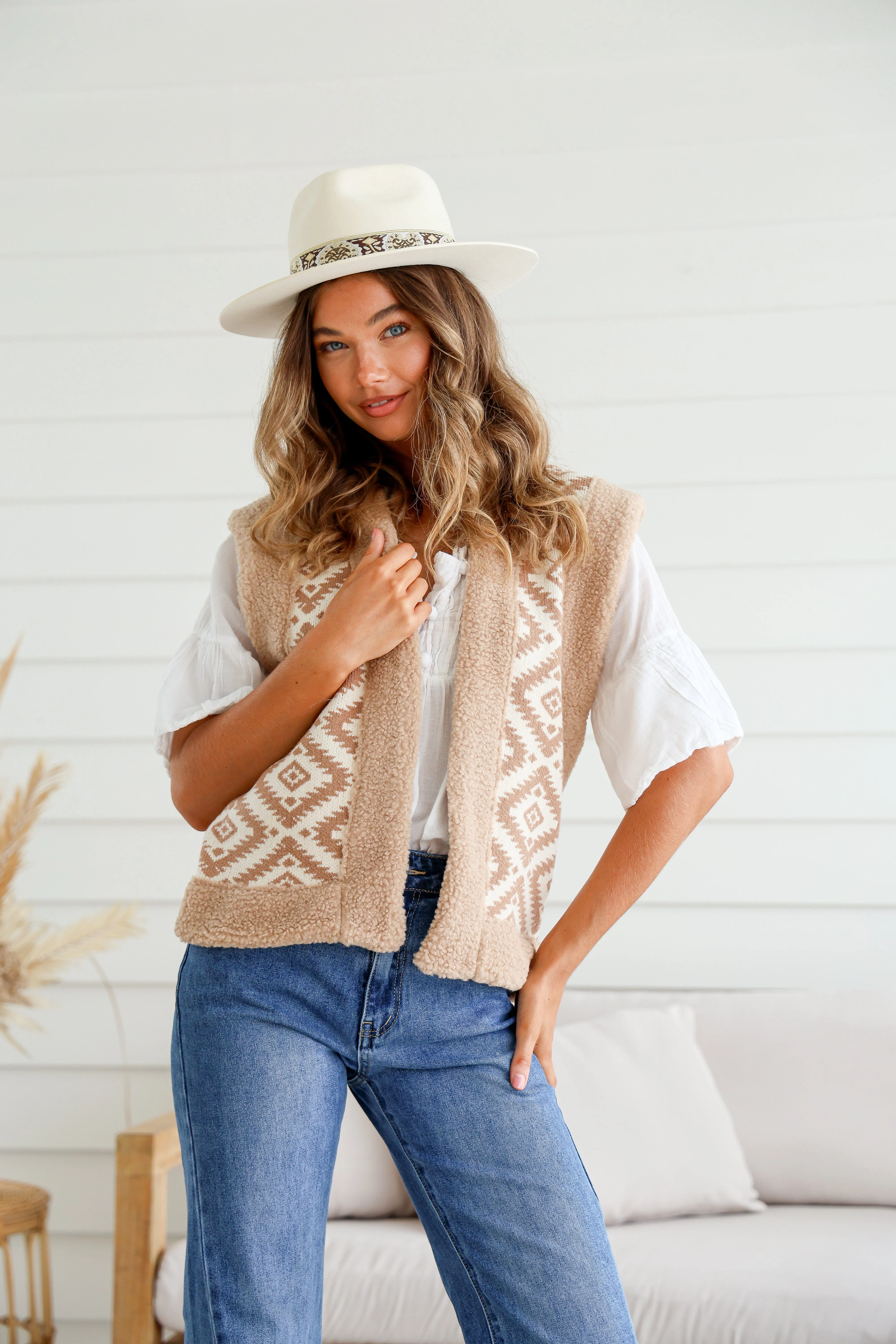 Aztec Teddy Sherpa Trim Vest - Tan