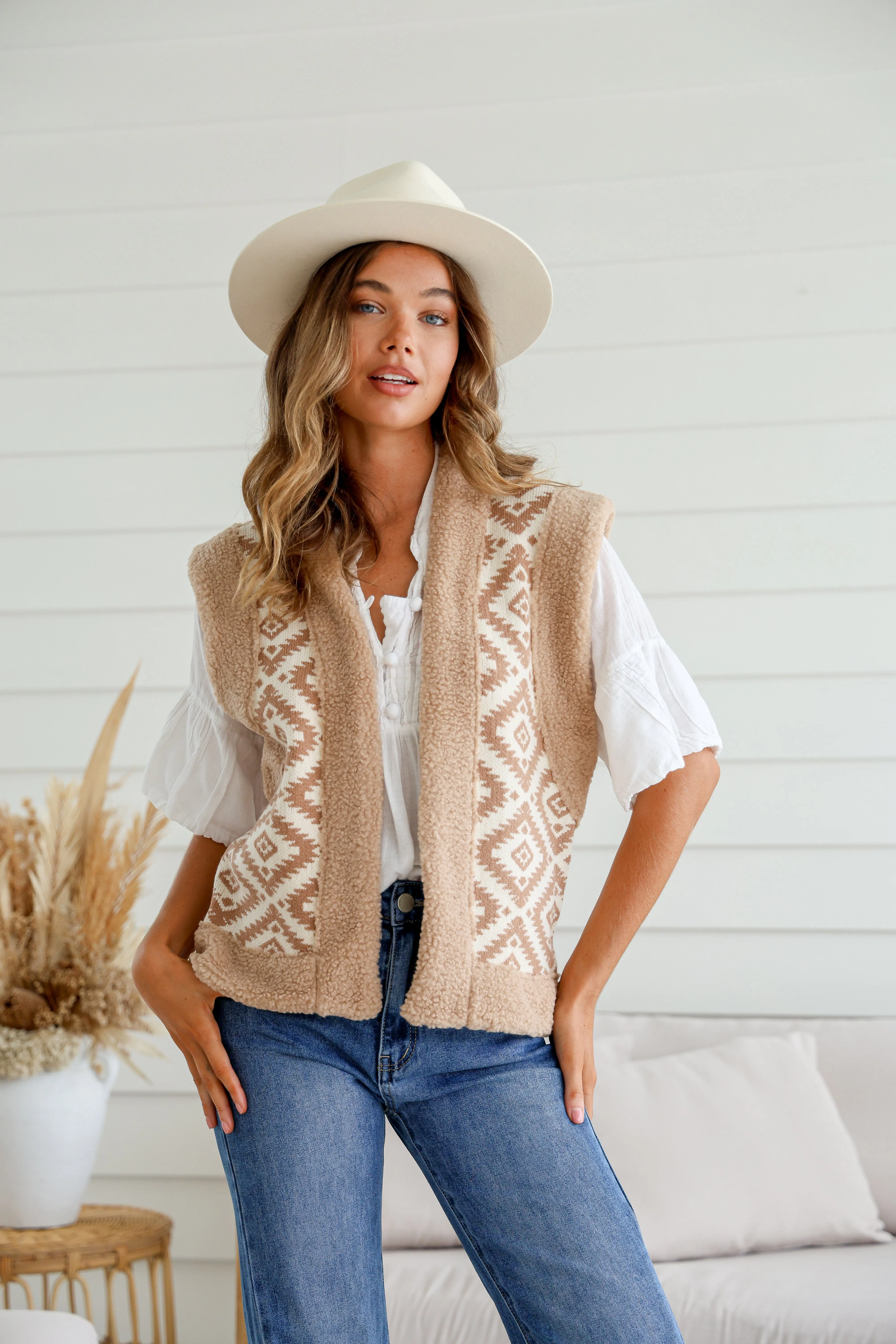 Aztec Teddy Sherpa Trim Vest - Tan