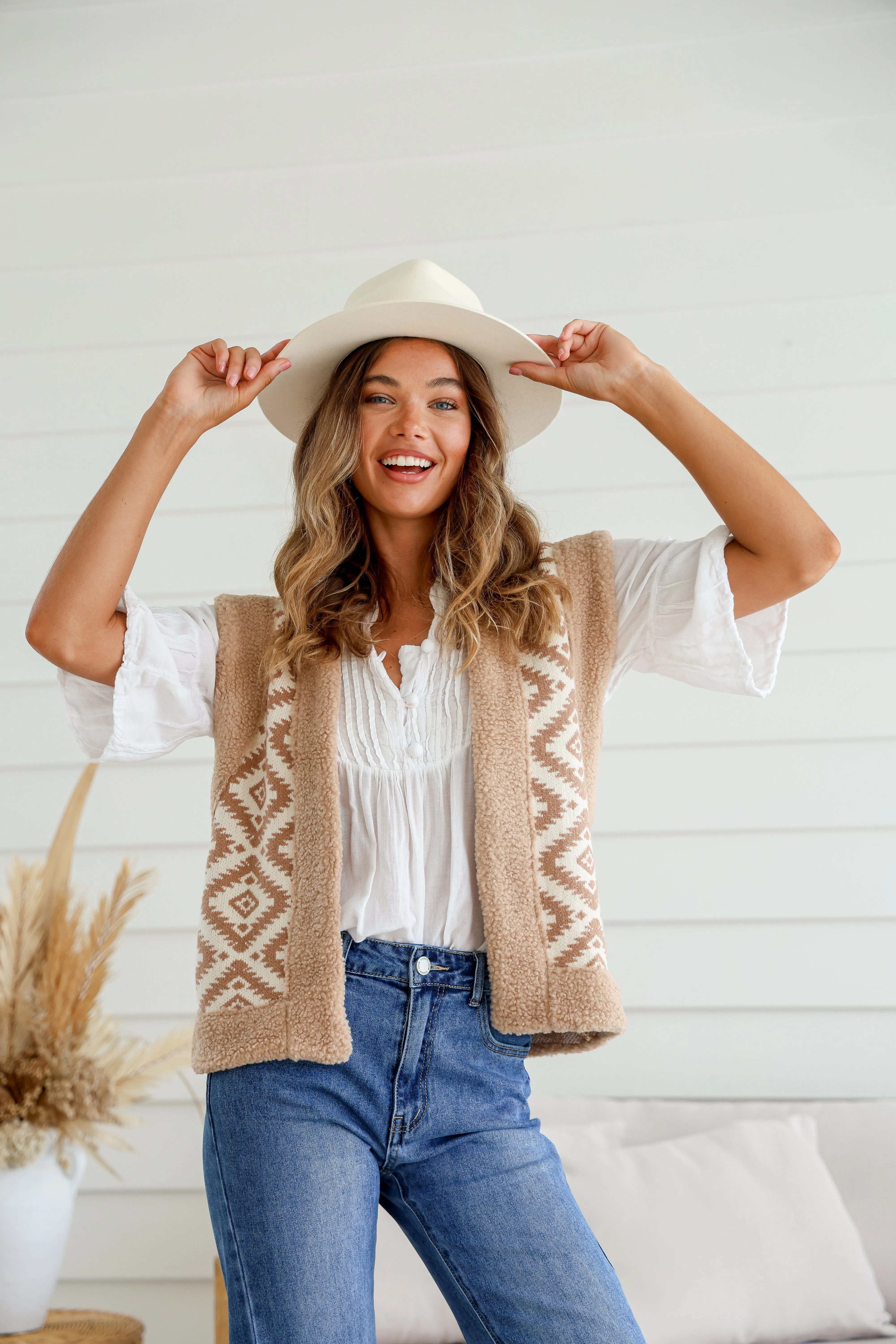 Aztec Teddy Sherpa Trim Vest - Tan