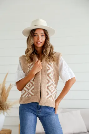 Aztec Teddy Sherpa Trim Vest - Tan