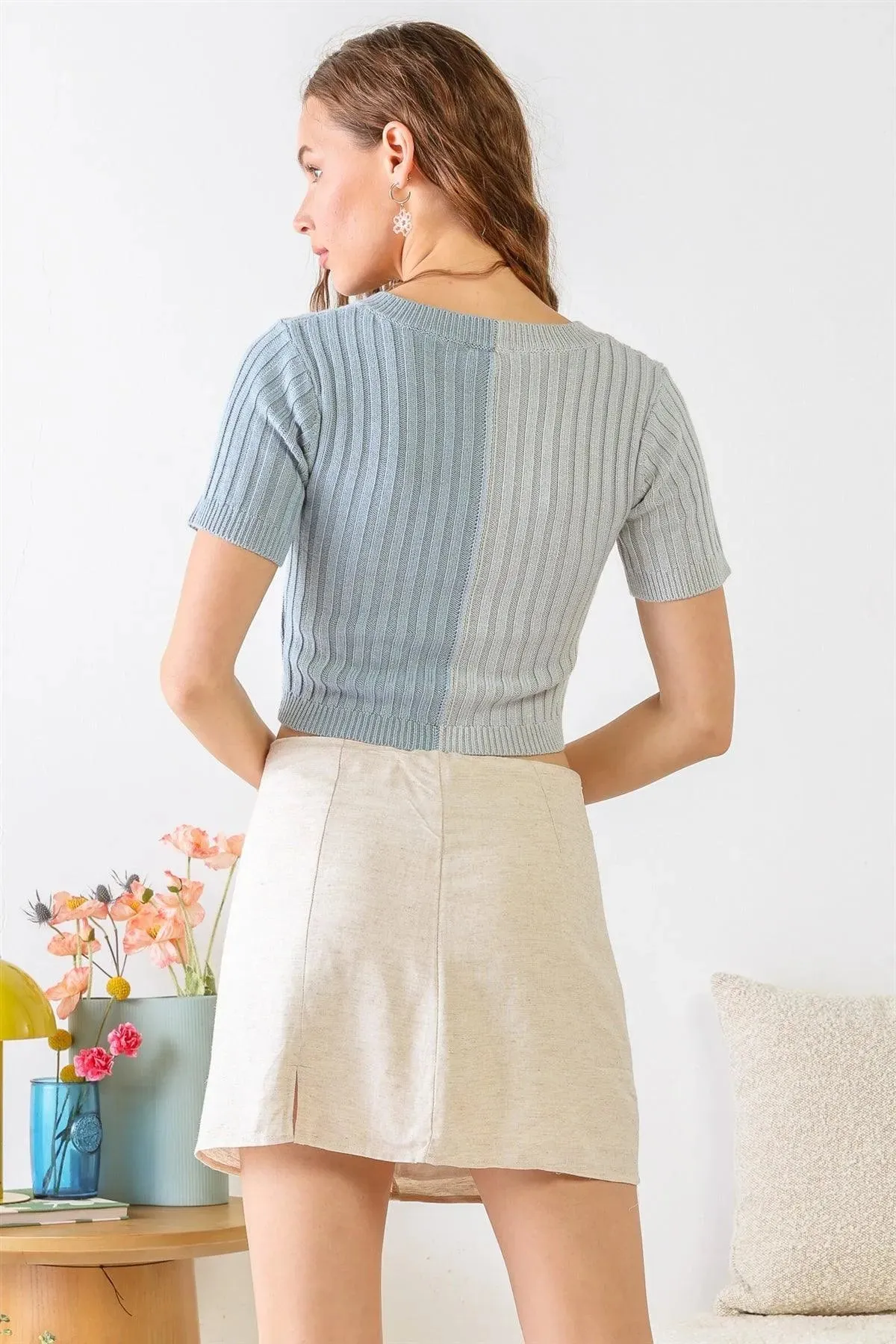 Baby Blue Multi Colorblocked Ribbed Knit Short Sleeve Crop Top /2-2-1