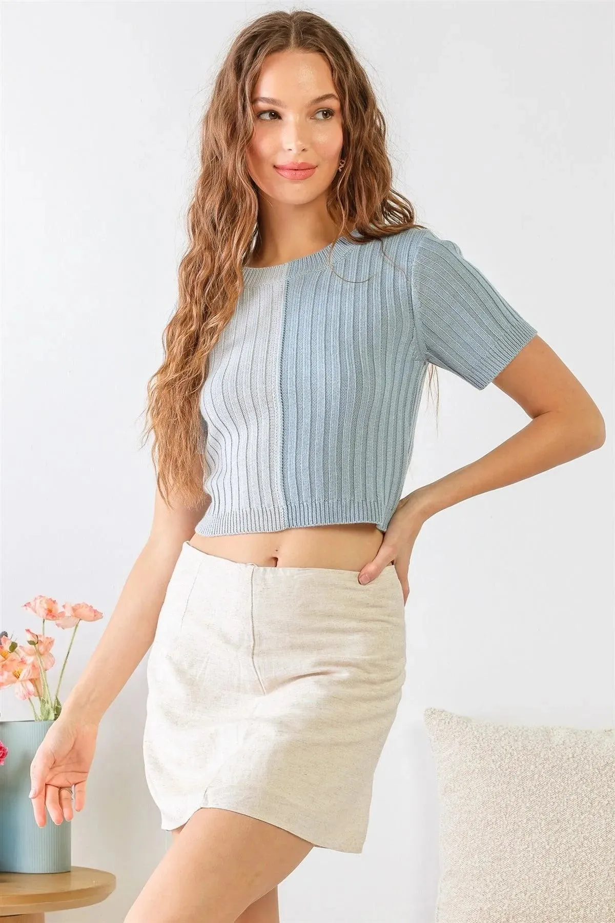 Baby Blue Multi Colorblocked Ribbed Knit Short Sleeve Crop Top /2-2-1