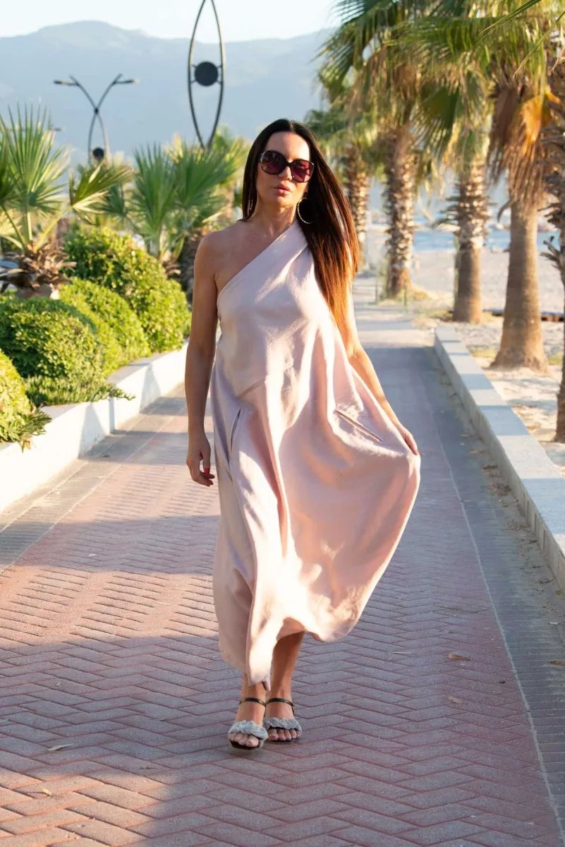 Baby Pink Linen One Shoulder Dress  TIFFANY