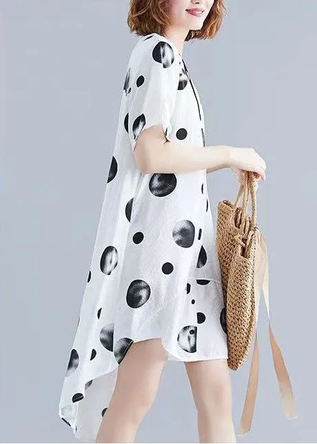 Beautiful white dotted cotton blend dresses To Get cotton blend stand collar tunic Summer Dresses