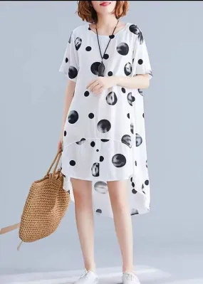 Beautiful white dotted cotton blend dresses To Get cotton blend stand collar tunic Summer Dresses