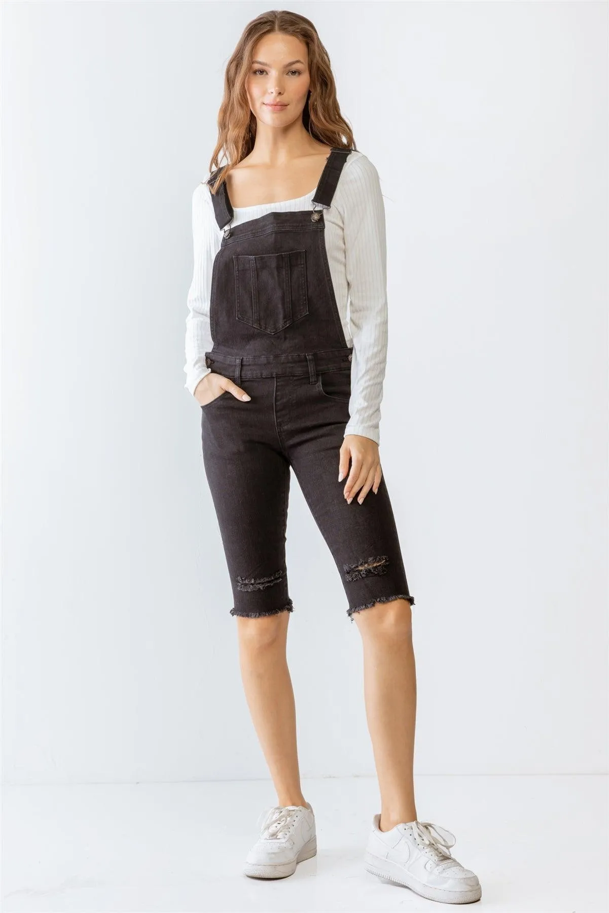 Black Denim Distressed Detail Raw Hem Cropped Bermuda Overall /3-2