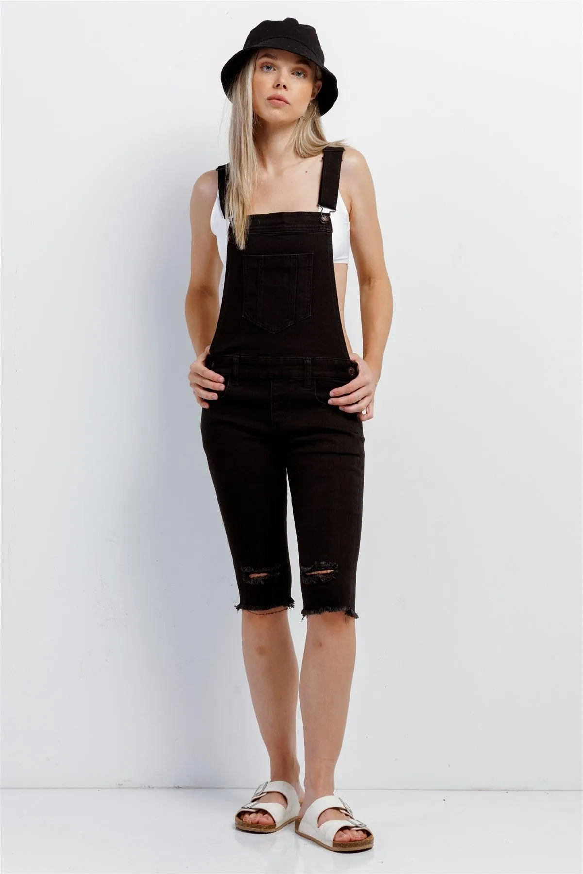 Black Denim Distressed Detail Raw Hem Cropped Bermuda Overall /3-2