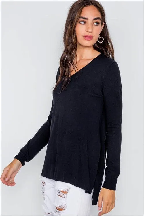 Black Knit V-Neck Casual Solid Long Sleeve Sweater