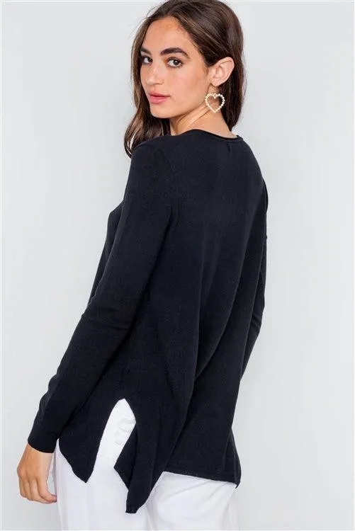 Black Knit V-Neck Casual Solid Long Sleeve Sweater