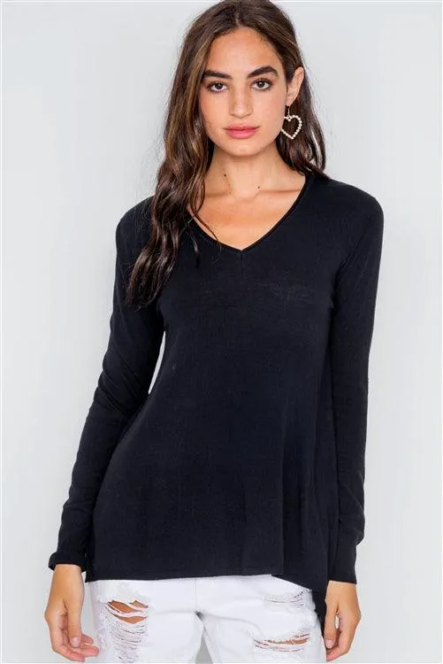 Black Knit V-Neck Casual Solid Long Sleeve Sweater