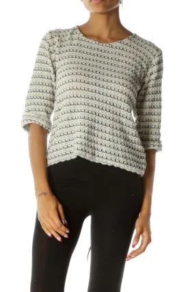 Black White Beige Knit Pattern 3/4 Sleeve Stretch Top