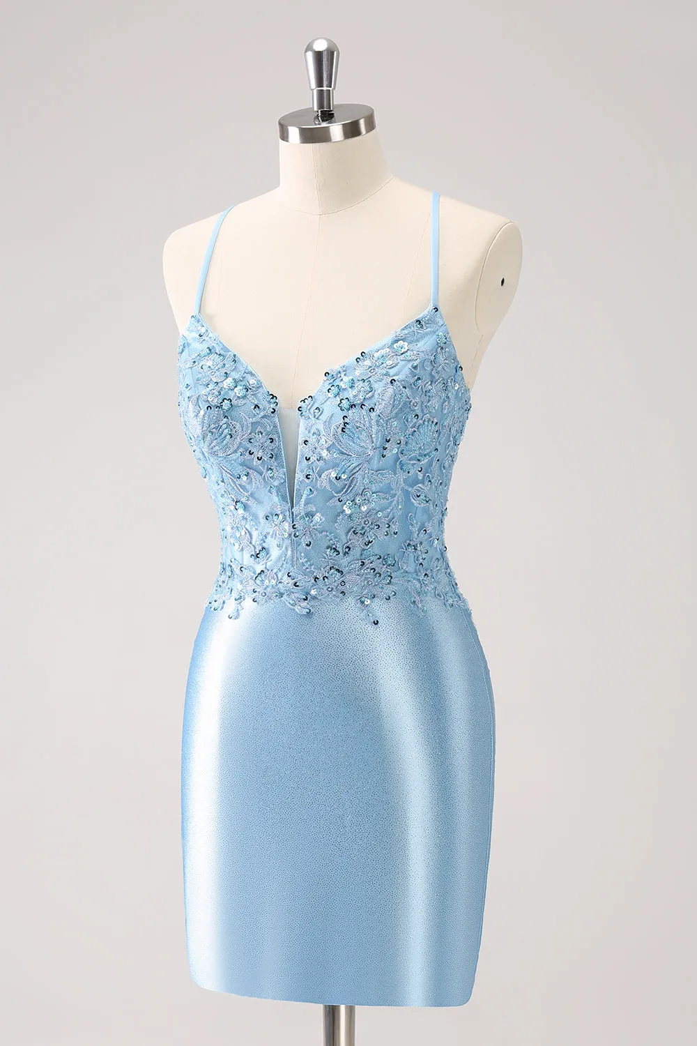 Blue Bodycon Lace Up Back Sequin Short Homecoming Dress with Appliques