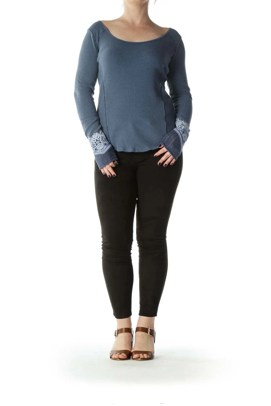 Blue Waffle Knit Long Sleeve Top