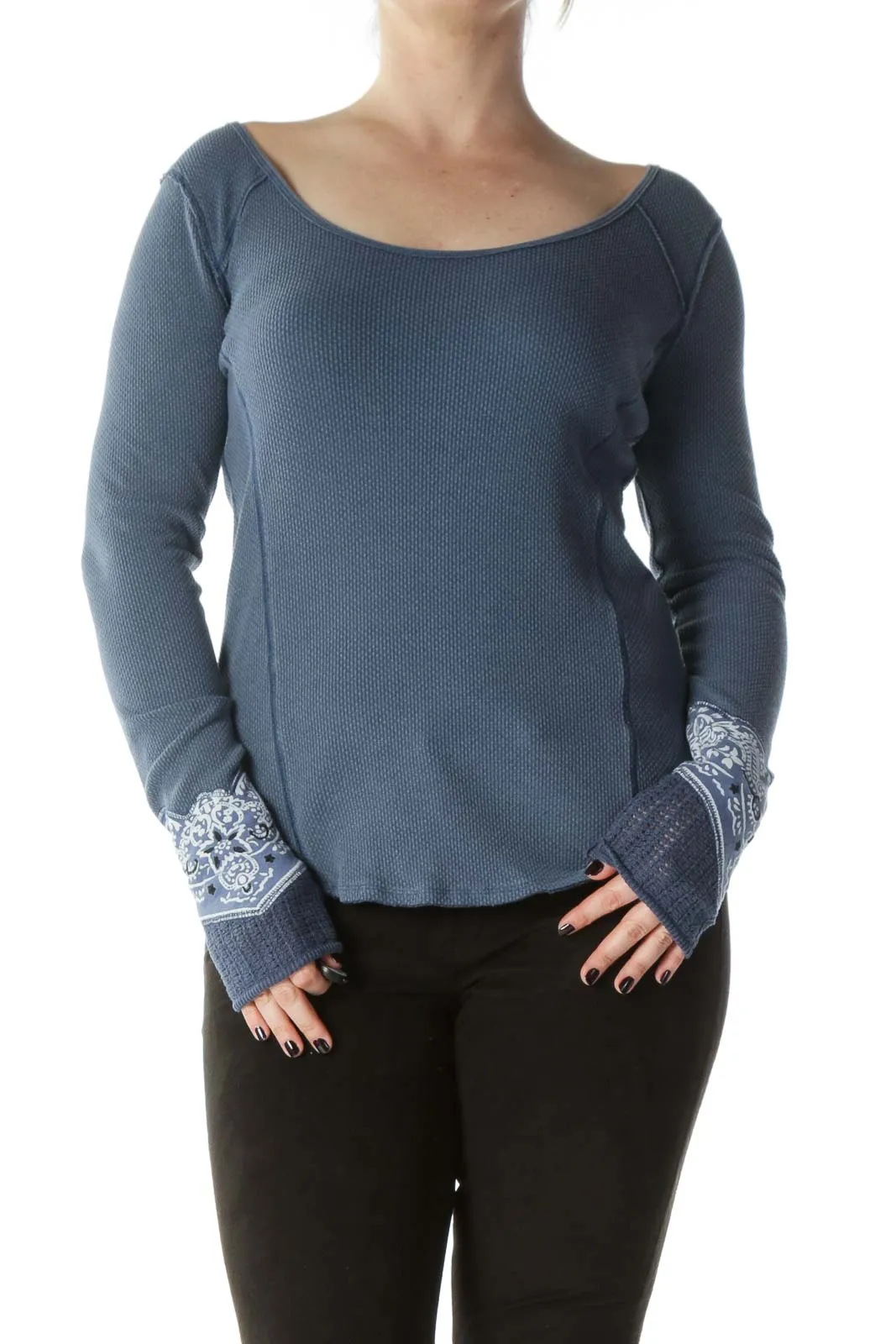 Blue Waffle Knit Long Sleeve Top