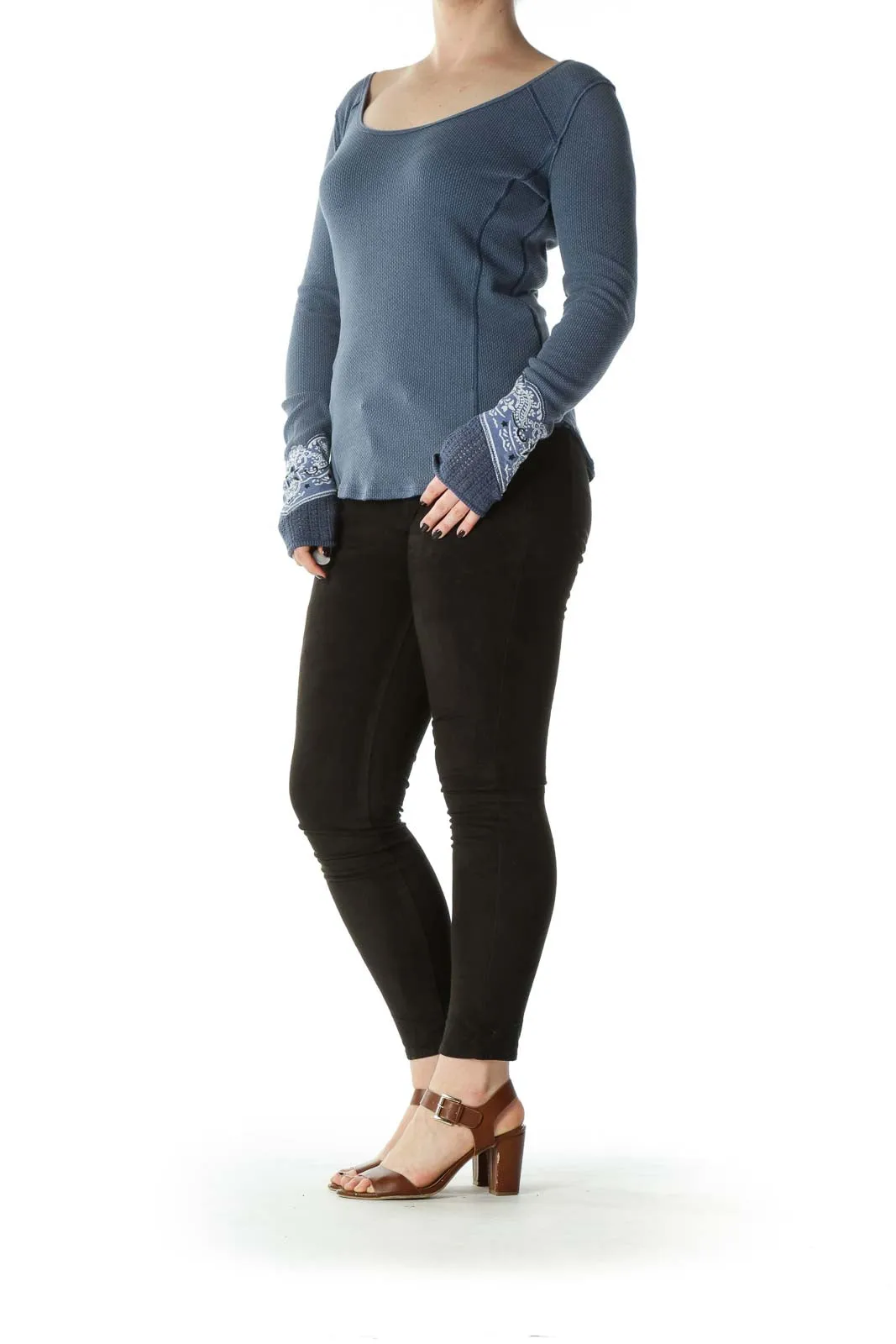 Blue Waffle Knit Long Sleeve Top