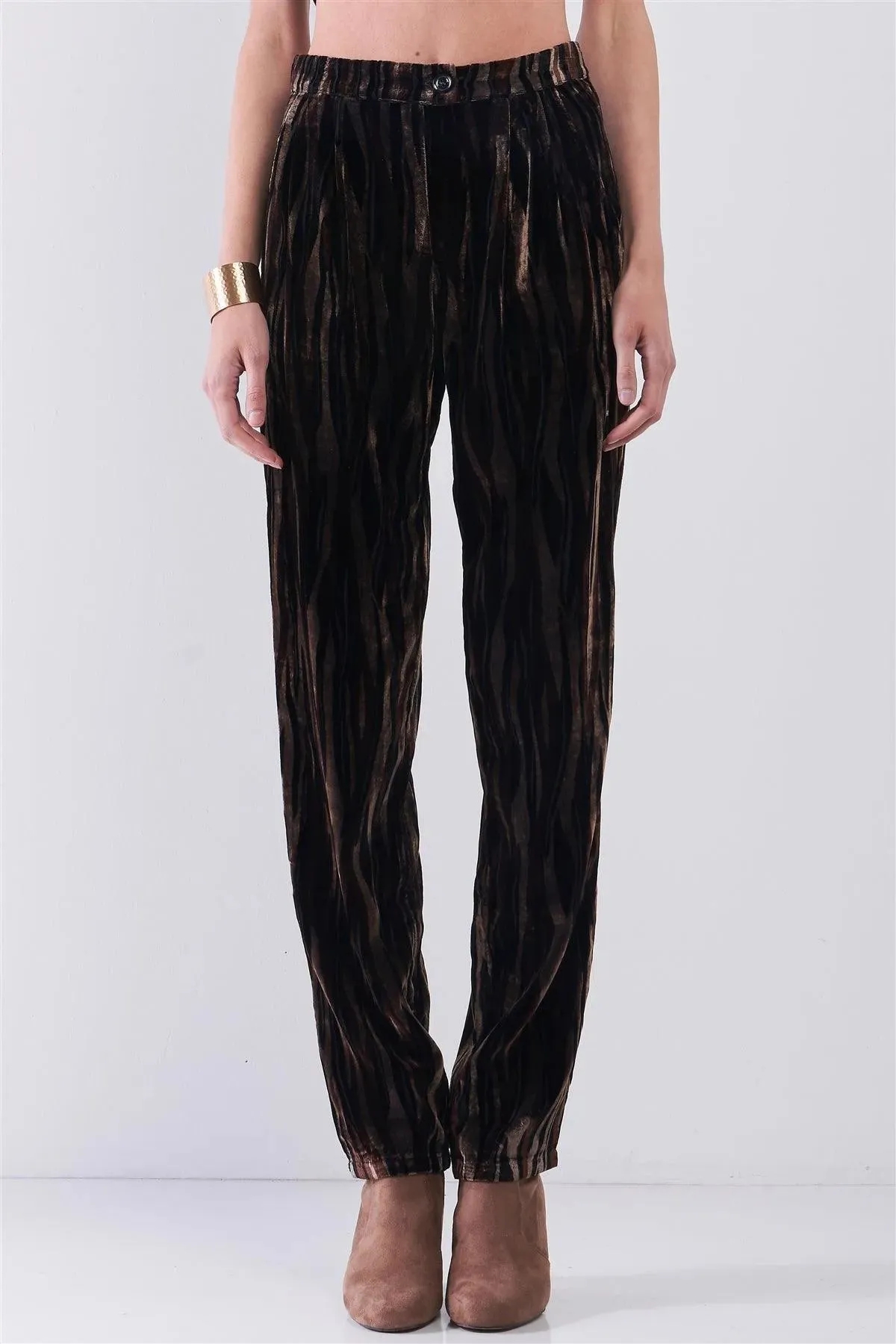 Brown Tiger Stripe Print Velvet Buttoned High Waist Balloon Pants