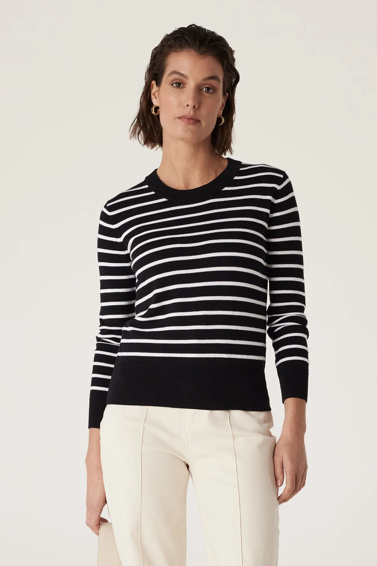 Cable Cotton Stripe Crew Jumper - Black/White