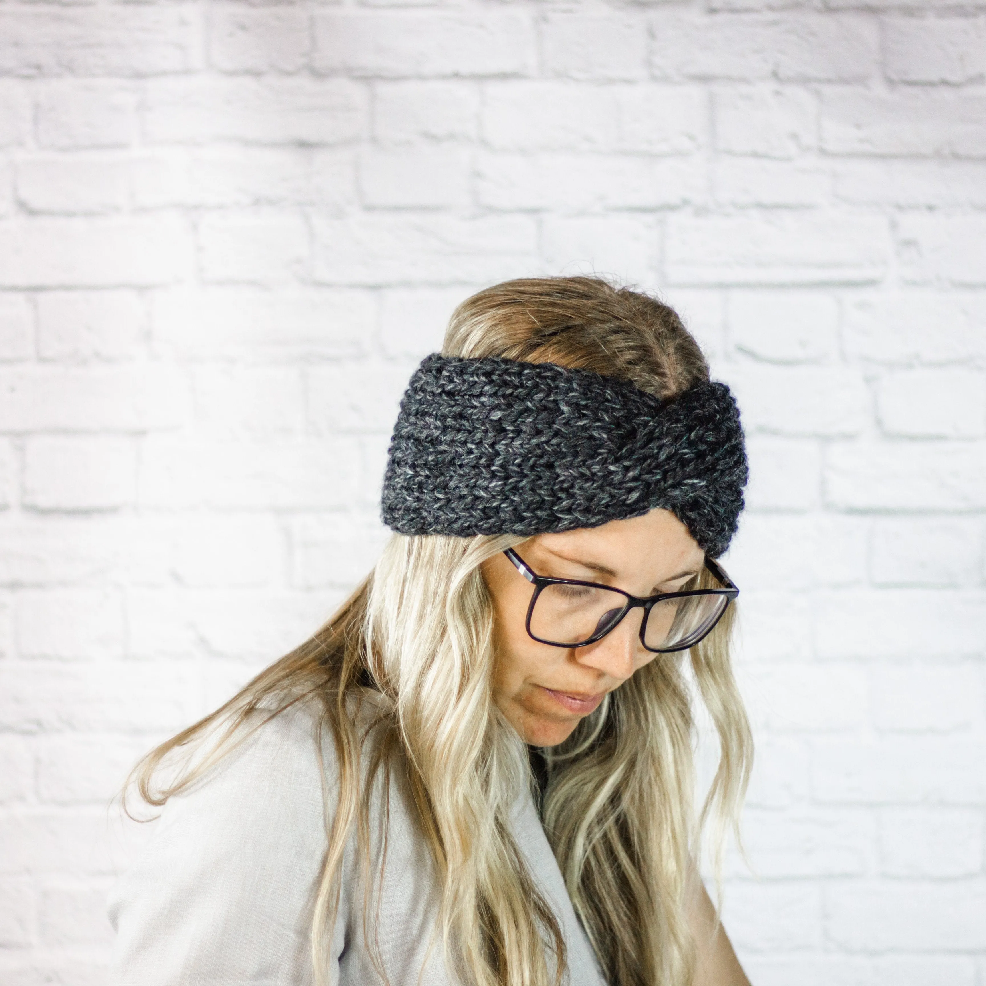 Charcoal Wide Chunky Knit Twisted Turban Ear Warmer Headband for Women