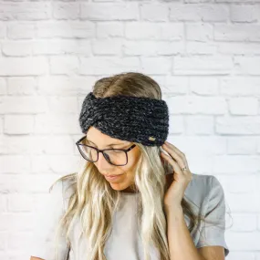 Charcoal Wide Chunky Knit Twisted Turban Ear Warmer Headband for Women