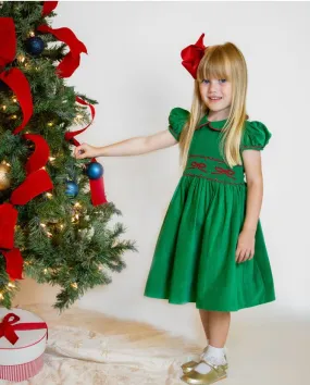 Christmas "Bows Again" Green Corduroy Smocked Dress