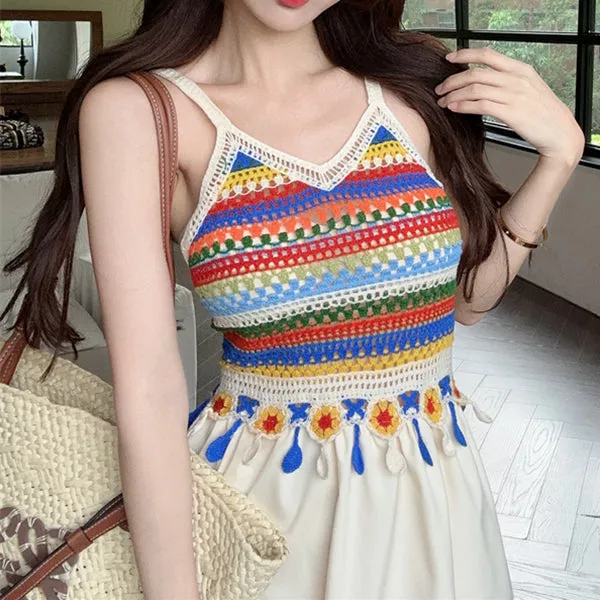 Colorful Ethnic Resort Style Paneled Slip Dress