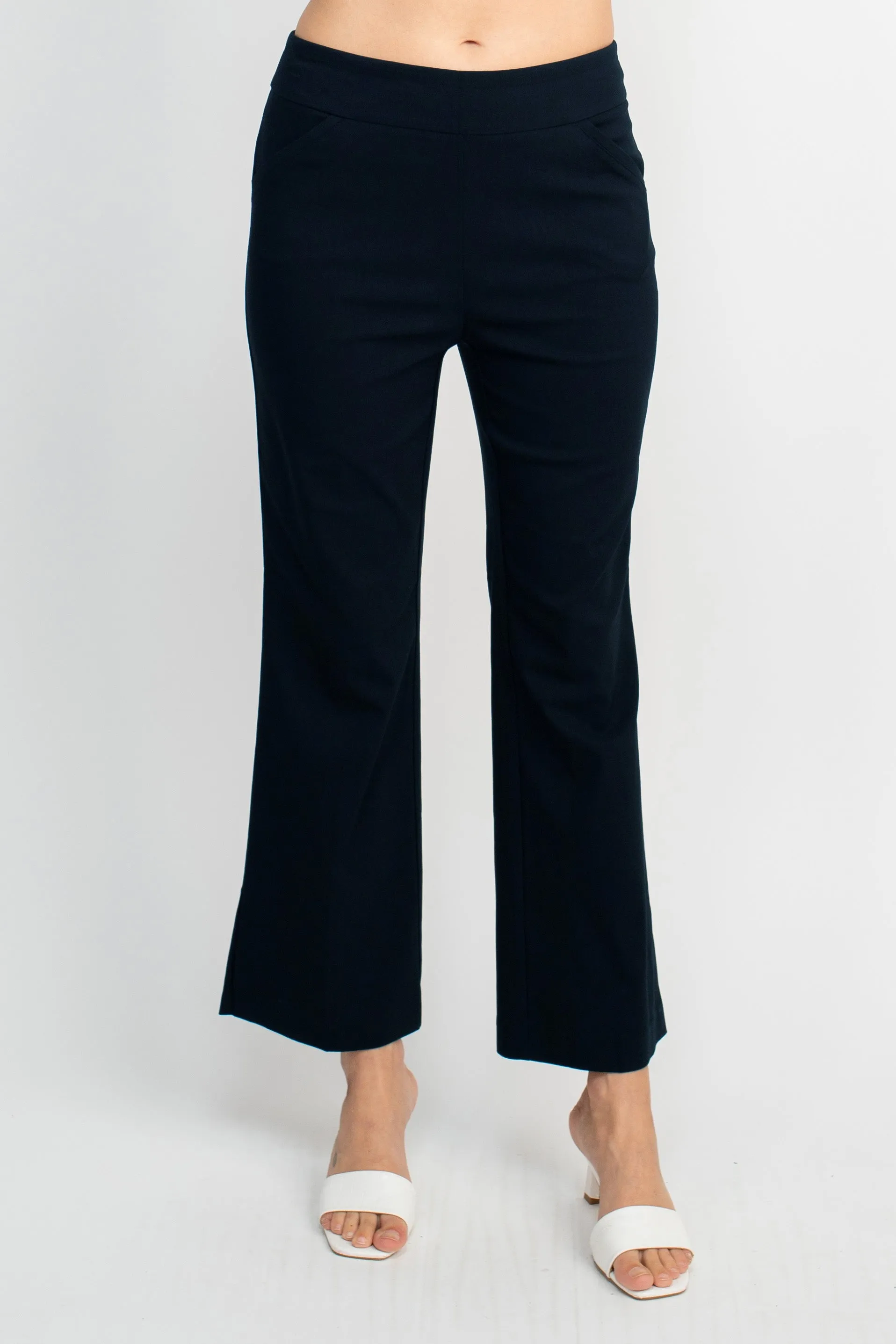 Counterparts Banded Mid Waist Pull On Solid Straight Cut Slit Hem Stretch Rayon Pant with Pockets