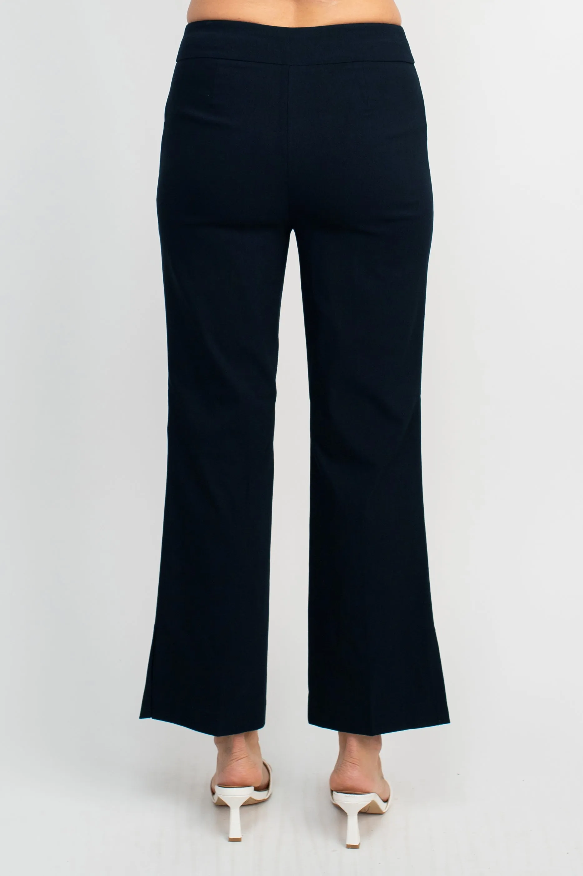 Counterparts Banded Mid Waist Pull On Solid Straight Cut Slit Hem Stretch Rayon Pant with Pockets