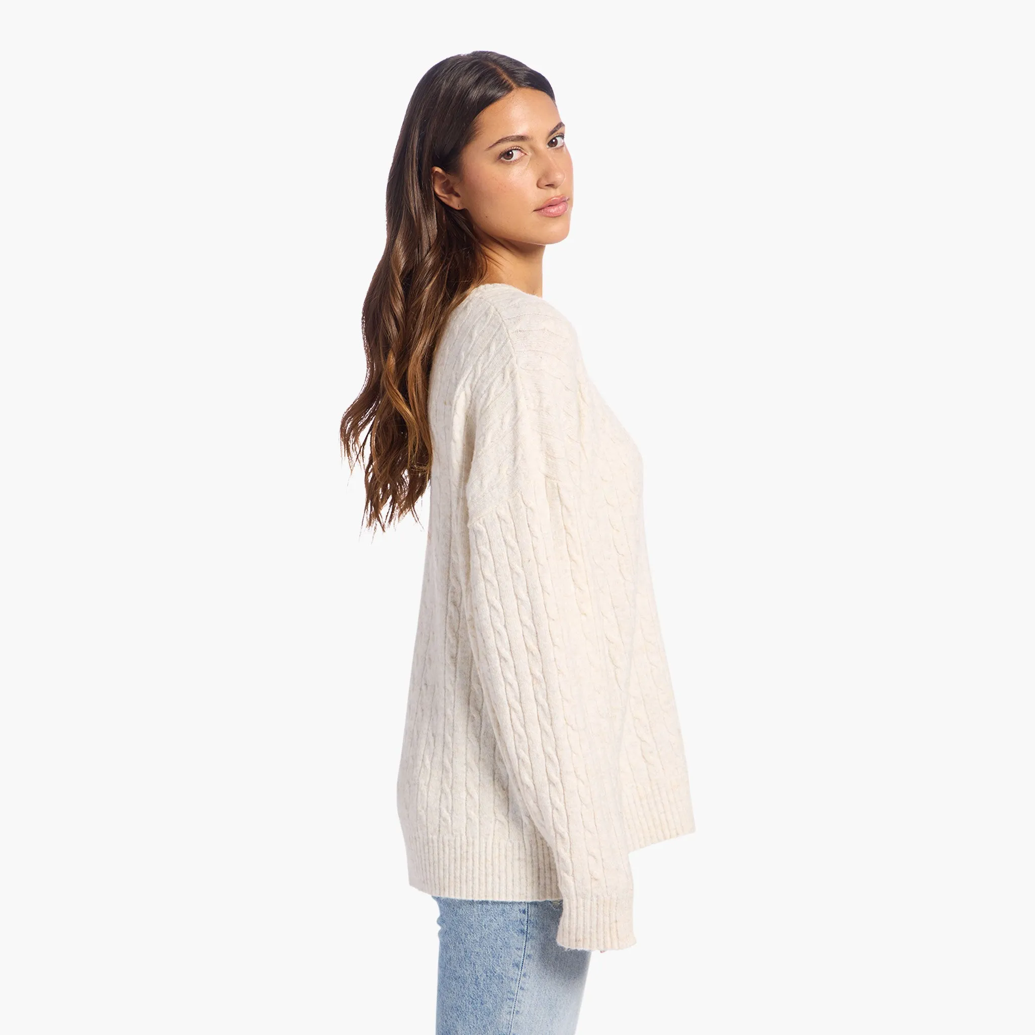 Cozy Knit Cable Crewneck Sweater | Heather Bone