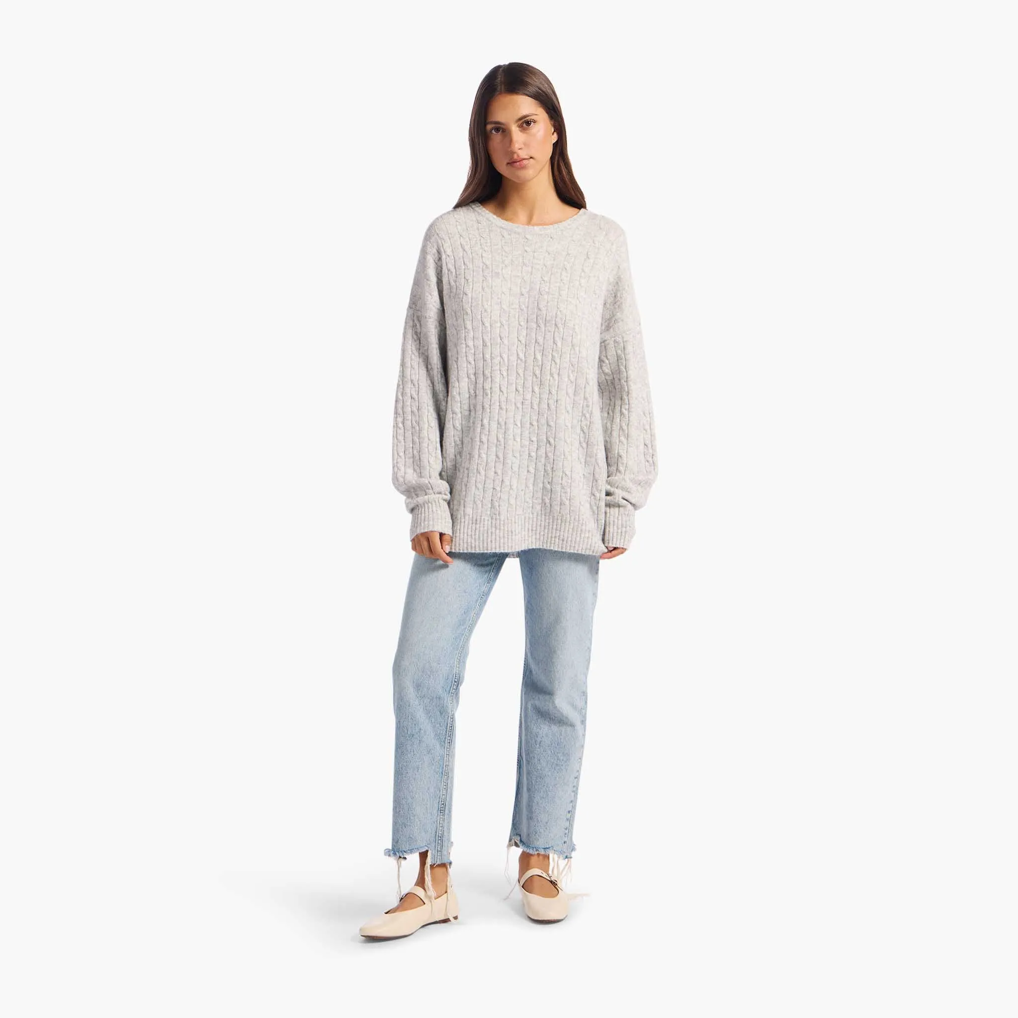 Cozy Knit Cable Crewneck Sweater | Heather Grey